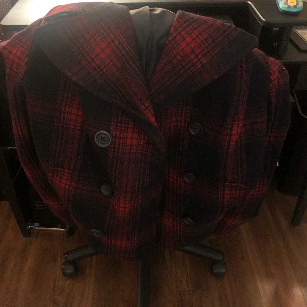 Old Navy red and navy plaid pea coat